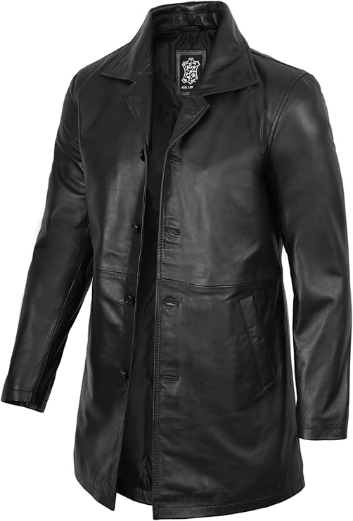 fjackets Men's Leather Coat - Real Lambskin 3/4 Length Long Jacket | Carcoat Style Outerwear
