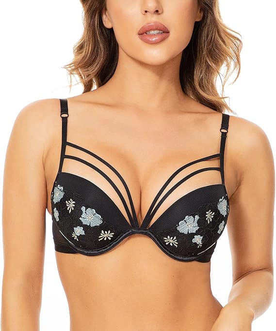 Deyllo Super Push Up Bra Underwire Lace Padded Bra Embroidered Strappy Add Two Cups