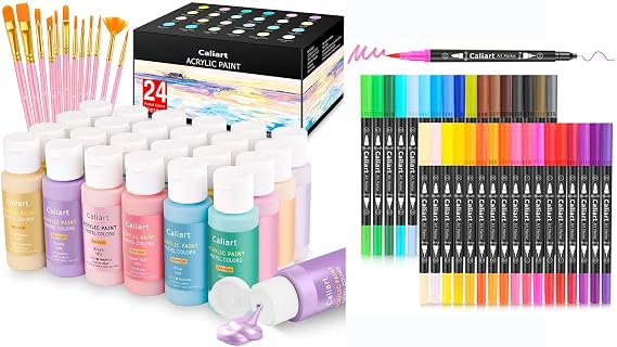 Caliart 24 Colors Pastel Acrylic Paint Set with 12 Brushes, 34 Double Tip Brush Pens Art Markers, Canvas Ceramic Rock Craft Painting Kit Art Supplies Gift for Artists Kids Beginners