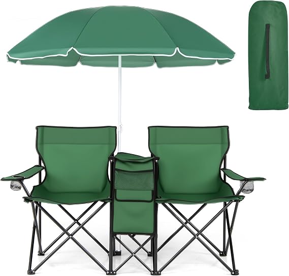 COSTWAY Double Portable Picnic Chairs, Folding Camping Chairs w/Detachable Umbrella, Cooler Bag, Cup Holders, Patio Beach Camping Chairs for Outdoors, Green