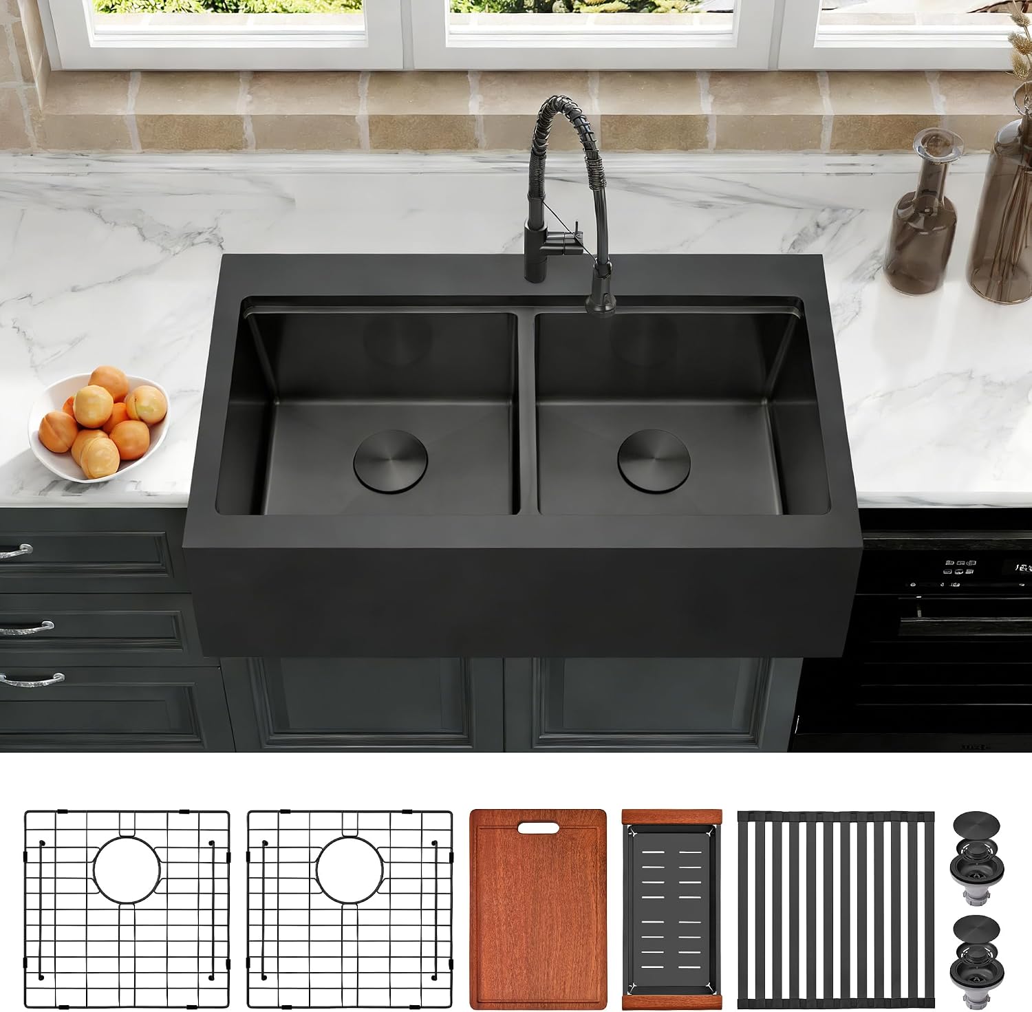 Black Farmhouse Kitchen Sink,33 Inch 50/50 Farm Sink, 33" x 22" x 10" Large and Deep Double Bowl Workstation Sinks,16 Gauge Stainless Steel Farm house Apron Front Sinks With Accessories