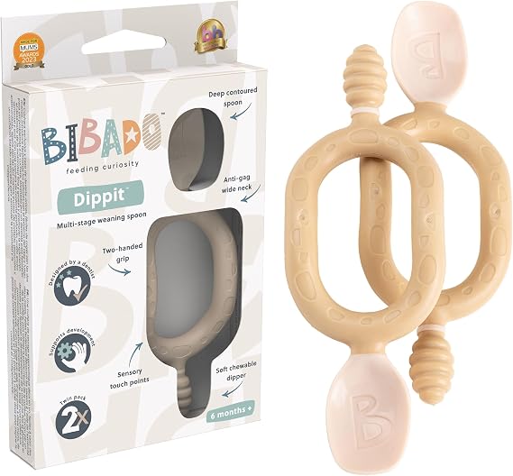 Bibado - Dippit Baby Spoon and Dipper, Mint & Blue (2-Pack) - Soft, Chewable Dipper & Deep Spoon - Two-Hand, Sensory Grip - Baby Weaning Set - Weaning Spoons - Baby Gifts - Baby Essentials - 6 Months+