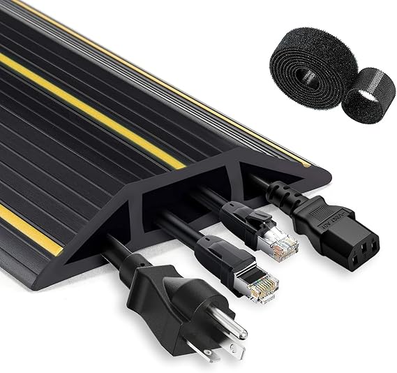 Cable Protector 6M, Heavy Duty 3 Cord Channels Floor Cable Cover | Floor Cable Tidy with Cable Ties, Non-Slip Floor Cord Channel, Wire Cover, Prevent Trip Hazards for Offices, Gyms, Garages