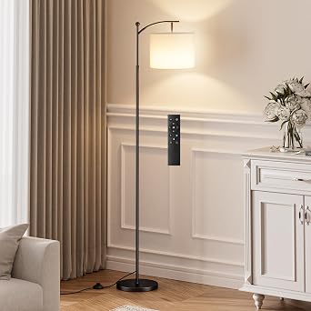 Ambimall 60" Floor Lamp with Remote Control and Stepless Dimmable Bulb, Colors Temperature & Brightness Adjustable, Modern Floor Lamps for Living Room, White Shade & Black Pole