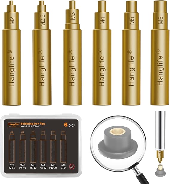 HANGLIFE Heat-Set Insert Tips for Threaded Inserts M2 M2.5 M3 M4 M5 M6, Soldering Iron Tips Compatible with Weller SP40NUS/Hakko FX-888D/900M/T18 Irons- Press Tool for Plastic 3D Printer Components