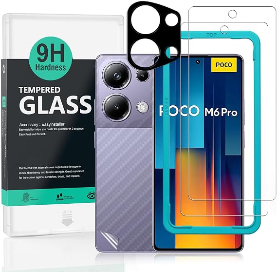 Ibywind 2 Pack Screen Protector For Xiaomi Poco M6 Pro 4G 6.67",9H Hardness Tempered Glass,With 1Pc Camera Lens Protector,1Pc Back Carbon Fiber Film