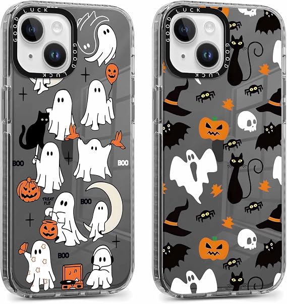 2 Pack Halloween Phone Case for iPhone 13 / iPhone 14 6.1", Clear Case with Cute Cool Pumpkin Ghost Cat Pattern Design, Shockproof Soft Silicone Cover for Teen Girls and Boys, Women and Men