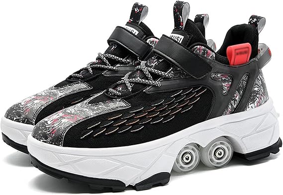 Roller Skates Outdoor,Parkour Shoes with Wheels, Kick Rollers Shoes Retractable Adults/Kids,Quad Roller Skates,Unisex Skating Shoes Recreation Sneakers,Black-40