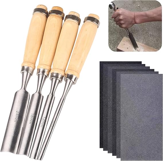 4 Pcs Wood Chisel Set, Chisels Round Hollow Chisel Set with Steel Hammer End and Non Slip Handle, Hand Woodworking Tools for DIY Crafts - 6 mm/12 mm/18 mm/24 mm