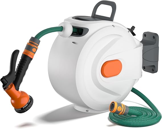 Retractable Garden Hose Reel - 1/2 inch x 100ft Wall Mounted Hose Reel with 3/4 inch Brass Fitting & 8 Function Sprayer Nozzle - Any Length Lock, Auto Rewind System, 180Swivel Bracket