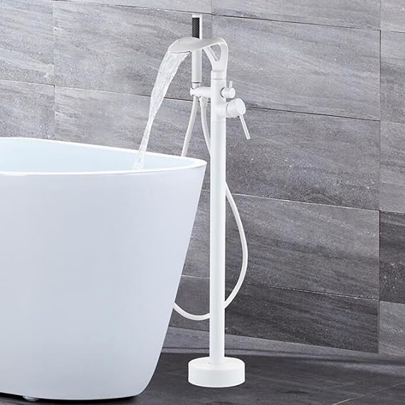 Freestanding Bath Faucet Mixer Shower Floor Mounted White Floor Mounted Faucet Waterfall Brass-White