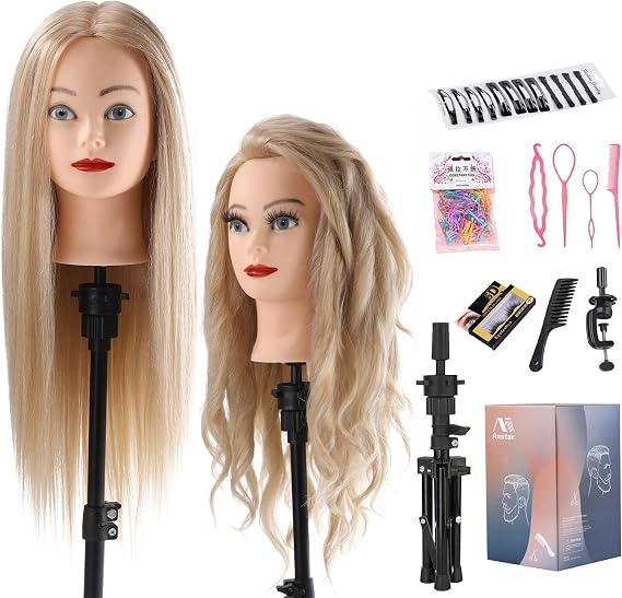 Hairdressing Head with Practice Head Stand 70% Real Hair Styling Head