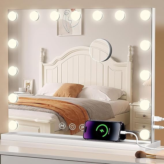 Hollywood Vanity Mirror with Lights: 58x46cm Makeup Mirror with 15 Dimmable Led Bulbs,3 Lighting Modes, Touch Screen Control, Tabletop and Wall Mounted for Bedroom
