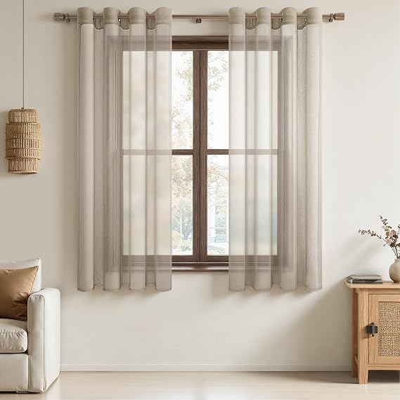 MRTREES Beige Net Curtains for Windows, Short Sheer Voile Eyelet Curtains for Bedroom Living Room Cafe Kitchen, 2 Panels Semi-Transparent Window Treatments 117x137 CM 46x54 Inch Beige