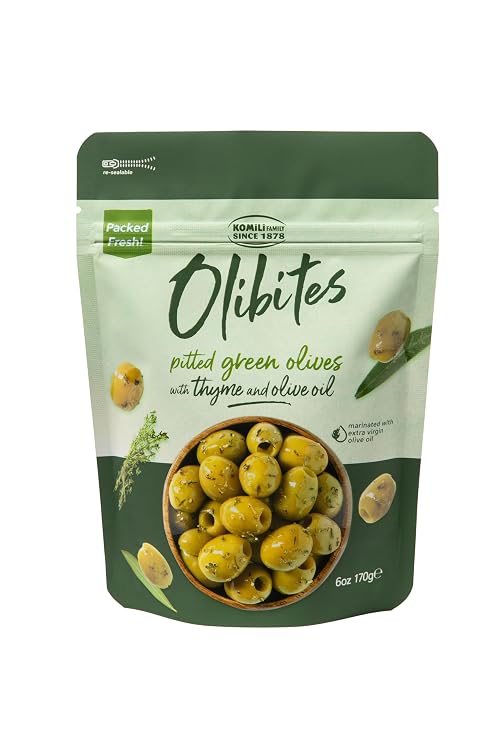 Olibites Green Olives with Thyme & Olive Oil | Pitted & Marinated in Extra Virgin Olive Oil | Gluten Free, Vegan, No Preservatives, Unpasteurized | (6oz)