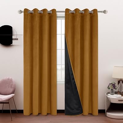 LUSHLEAF 100% Blackout Velvet Curtains for Bedroom and Living Room, 52 x 95 inch Length, Gold - Thermal Insulated, Energy Saving, Sun Blocking Grommet Window Drapes, Set of 2 Curtain Panels