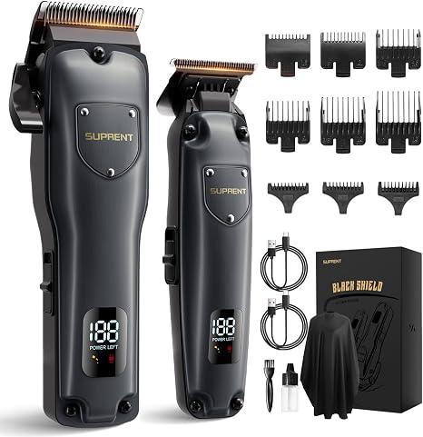 SUPRENT Haarschneidemaschine Set für Herren Schnurlose Haarschneider Pflegesets Friseur-Haarschere mit LED-Anzeige Präzisions Haartrimmer Bartschneider für Männer (Grau)