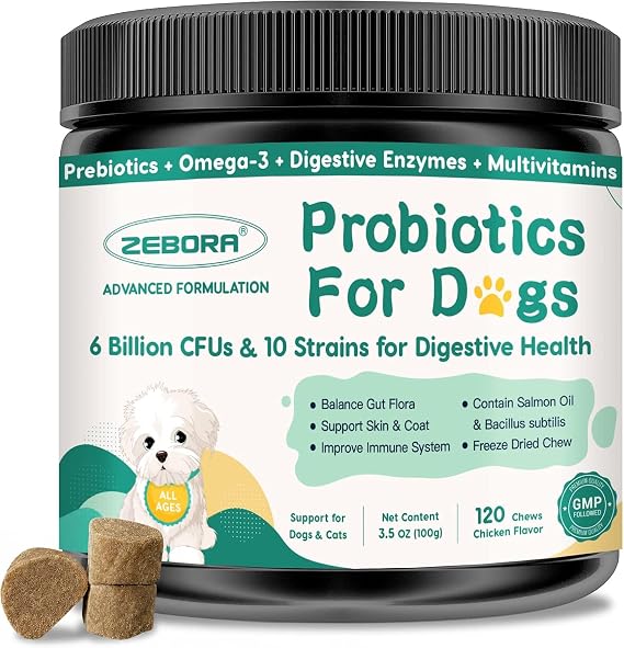 ZEBORA Probiotics for Dogs, Gut & Digestive Health, 120 Freeze-Dried Chews
