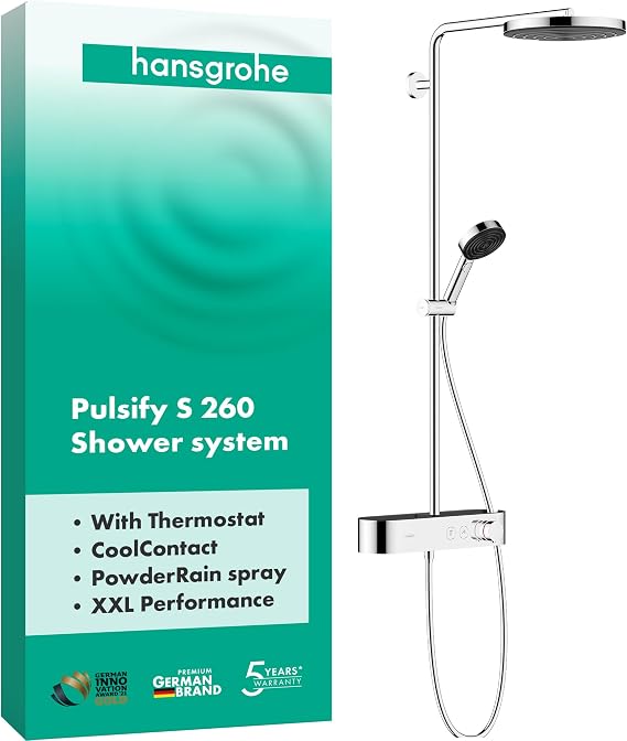 hansgrohe Pulsify S Shower System Shower Head 260 mm Shower Set with Thermostat Hand Shower Shower Hose Shower Rail Rain Shower (Overhead Shower) with 1 Jet Type Chrome [Energy Class A]