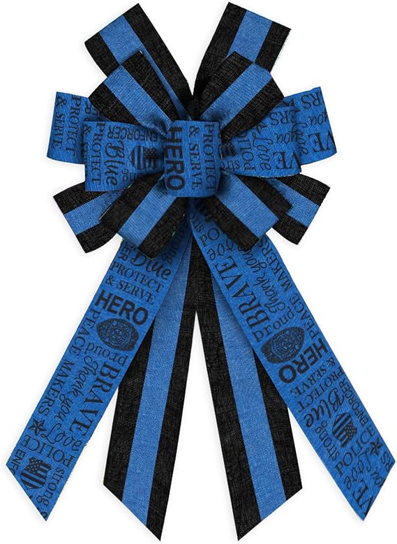 Threetols Police Support Wreath Bows, Blue Black Stripe Bows for Wreath Police Badge Decorative Bows for Front Sevice Hero Ornaments Hanging Wreath Bow for Indoor Outdoor Decor