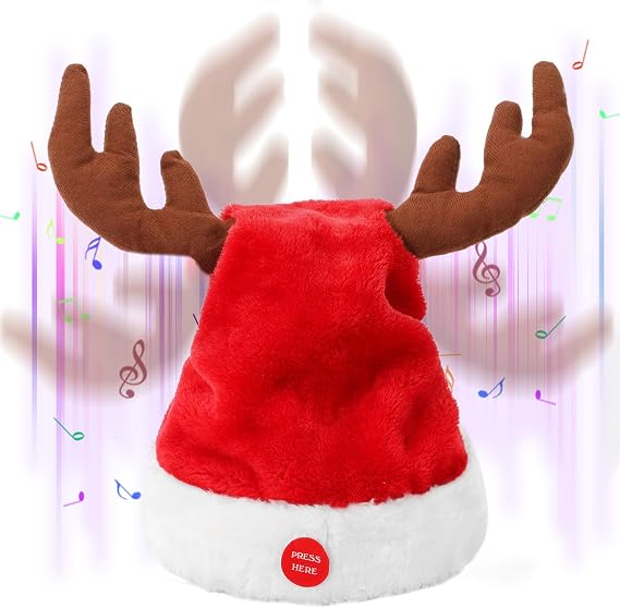Interactive Dancing Musical Santa Claus Hats with Swinging Reindeer Antlers, Funny Electric Singing Christmas Hat for Party Decoration, Adults and Children