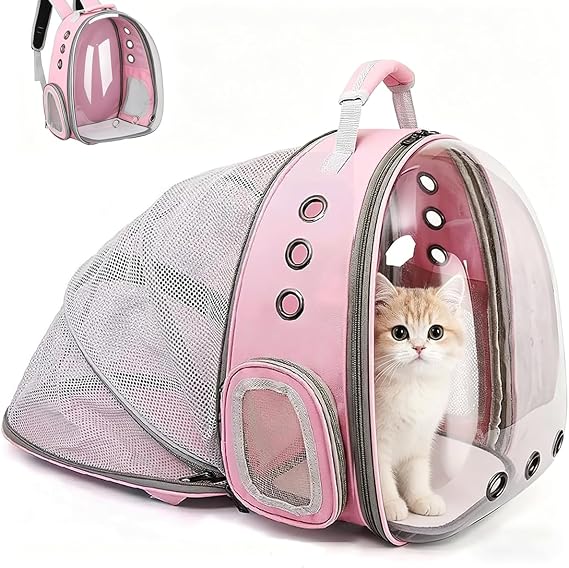 Cat Carrier Backpack, Expandable Cat Carrier Backpack, Ventilated Cat Bubble Backpack for Pet, Pet Carrier for Travel Hiking Walking Camping (Pink, Rear Extension)