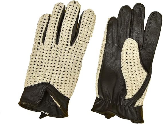 Men`s Real Leather Driving Gloves Retro Style Full Finger Crochet Back Chauffeur (Black, Medium)