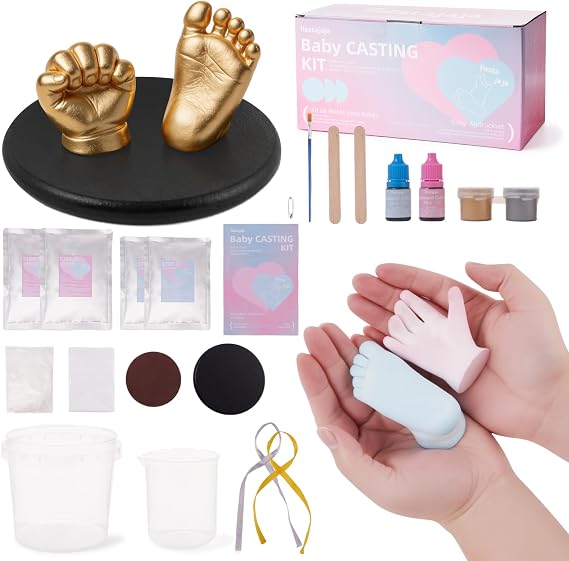 Baby Casting Kit Footprint and Hand Mold Pink & Blue with Wood Base, Personalized Newborn Shower Gifts for Baby Boy and Girl 0-9 Months 