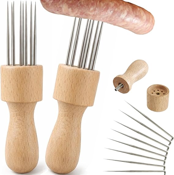 8-Needle Sausage Pricker Tool, Detachable Wooden Handle, 2 pack | Stainless Steel Needles, Releases Trapped Air, Easy Cleanup, Fits Natural Hog and Collagen Casings, for Sausage Making