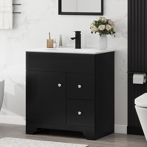 YOURLITE 30" Bathroom Vanity Sink Combo, Black | Modern Bathroom Storage Vanities Set, Soft-close Door, 2 Drawers, Faucet & Drain