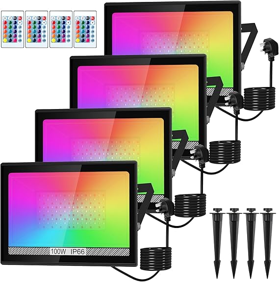 NATPOW RGB Flood Lights, LED Floodlight 100W Colour Changing Outdoor Security Light with Remote Control IP66 Waterproof Dimmable Flood Lights Wall Light for Garden Party Stage(4 Pack) [Energy Class F]