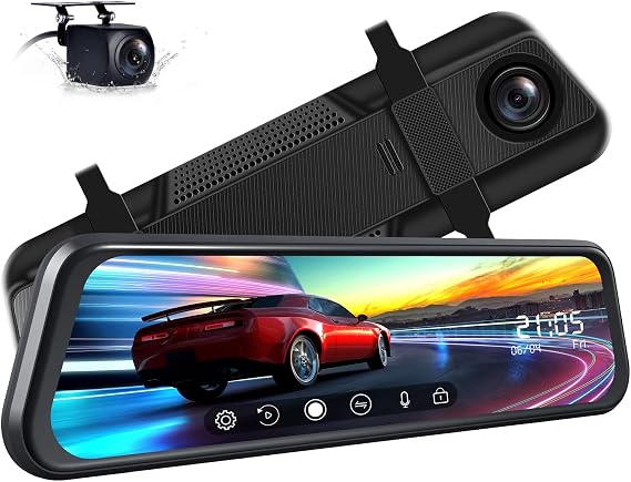 EYETOO 1080P Mirror Dash Cam for Cars with 10 inch IPS Full Touch Screen w/Waterproof Backup Camera Rear View Mirror Camera, Parking Monitor, Loop Recording