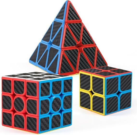 Carbon Fiber Speed Cube Set, 2x2 3x3 Pyramid Puzzle Cubes for Kids | Stickerless Design, Fast Turning Cubes, Brain Teaser Toy, Educational Puzzle, Travel Game, Birthday Gifts