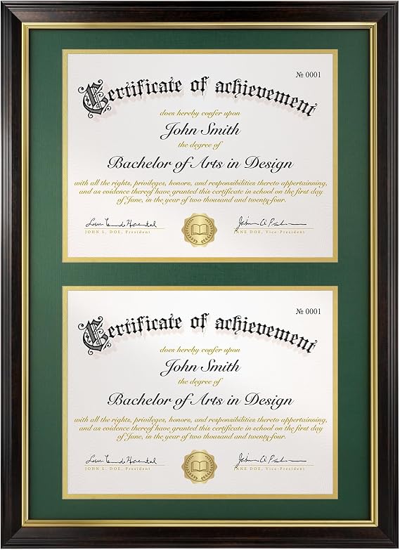 Double Diploma Frame 14x20, Display Two 8.5x11 Degree, Certificates, Documents, Tempered Glass with Acid-Free Green over Gold Mat, Dual Diploma Frame for Graduation, Brown with Gold Trim