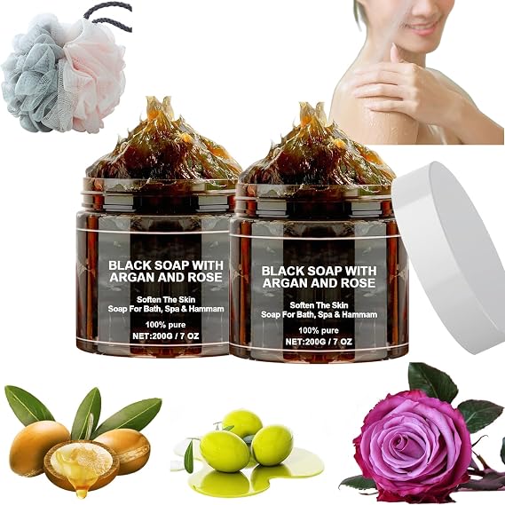Morocco Black Beldi Soap, Morocco Black Beldi Soap, Black Soap With Argan And Rose, African Black Soap Bar Exfoliating Soap, African Black Soap Bar for Body Care (2 PCS)