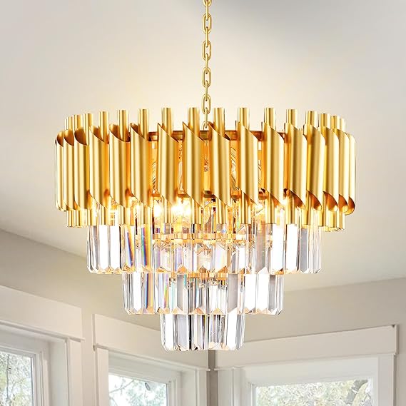 AHXIAOZN Modern Crystal Chandelier Gold Chandelier, 3-Tier Crystal Light Fixture, Round Pendant Light, Raindrop Flush Mount Ceiling Light for Bedroom Living Room, E14x5 Bulb Ø40cm [Energy Class B]