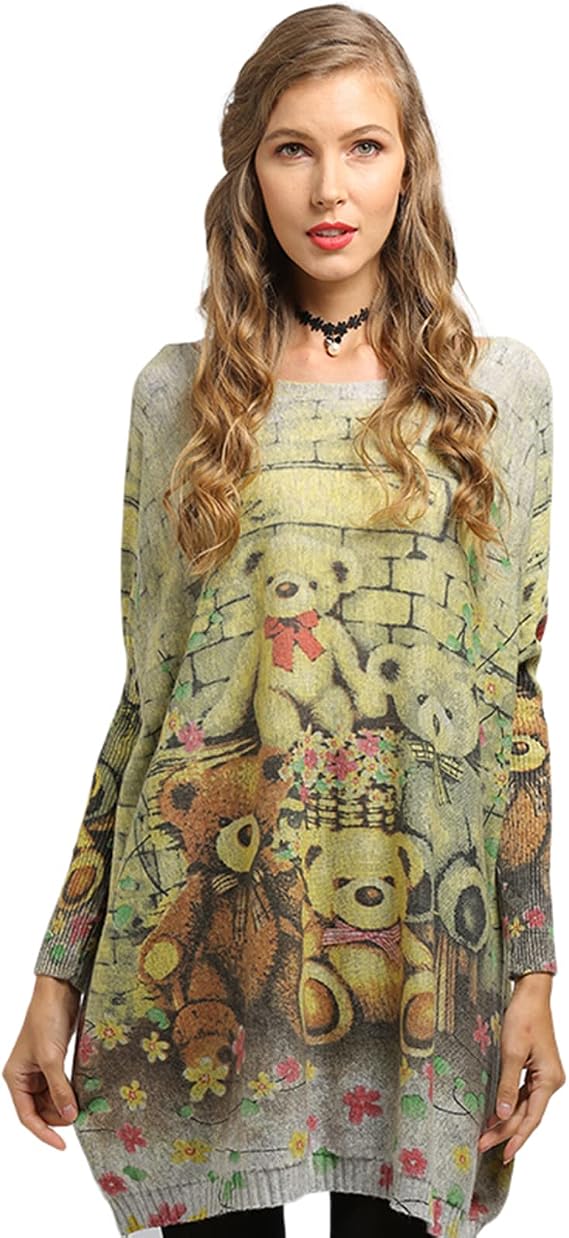 Women Sweater Oversized Bear Pattern Printing Pullover Sweaters-Crew Neck Casual Long Sleeve Knit Top