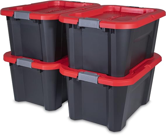 CRAFTSMAN 20-Gallon Heavy Duty Plastic Storage Bins with Lids, 4 Pack | 20-gal stackable storage totes with dual latching lids, Weather-resistant, 14.3H x 19.7W x 28.2D, Garage & home organization