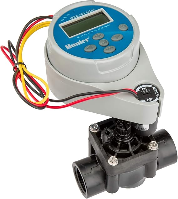 Hunter NODE-100-VALVE Battery Sprinkler Timer, 1-Zone Controller with Valve | 1-station battery irrigation controller with 1 in. PGV valve, flow control, DC-latching solenoid, and waterproof housing