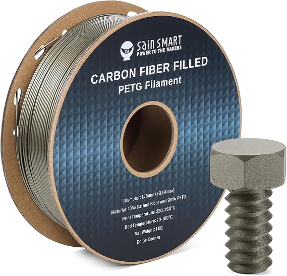 SainSmart Carbon Fiber PETG Filament, 1.75mm 3D Printing Filament, Rigid, Lightweight, Heat-Resistant and Abrasive, for Most 3D Printers, Dimensional Accuracy +/-0.04mm 1KG (2.2lbs) Spool Bronze