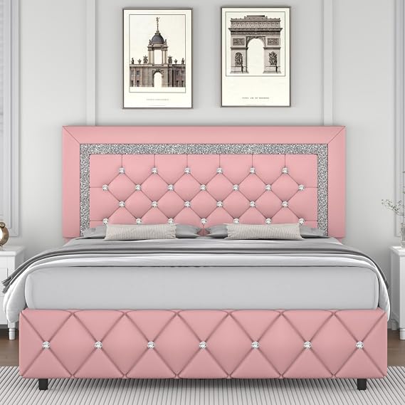Full Bed Frame, Faux Leather Bed with Upholstered Diamond Headboard