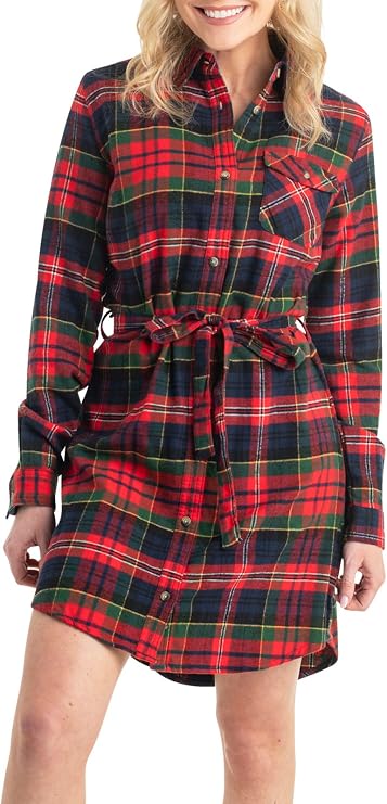 Legendary Whitetails womens Open Spaces Dress, Plaid Flannel Long Sleeve Button Up Tunic With Belt