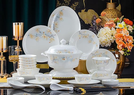 56 Piece Dinnerware Set for 10, White Porcelain with Floral Pattern, Plates and Bowls with Tureen, Heat-Resistant, Dishwasher Safe