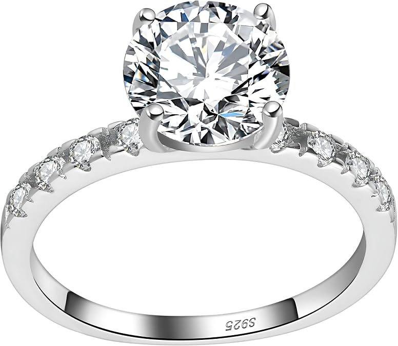 Round CZ Engagement Ring for Women by Ginger Lyne 2 Carat 8A Cubic Zirconia in Sterling Silver Classic Round Solitaire Style Promise Ring or Bridal Jewelry Gift