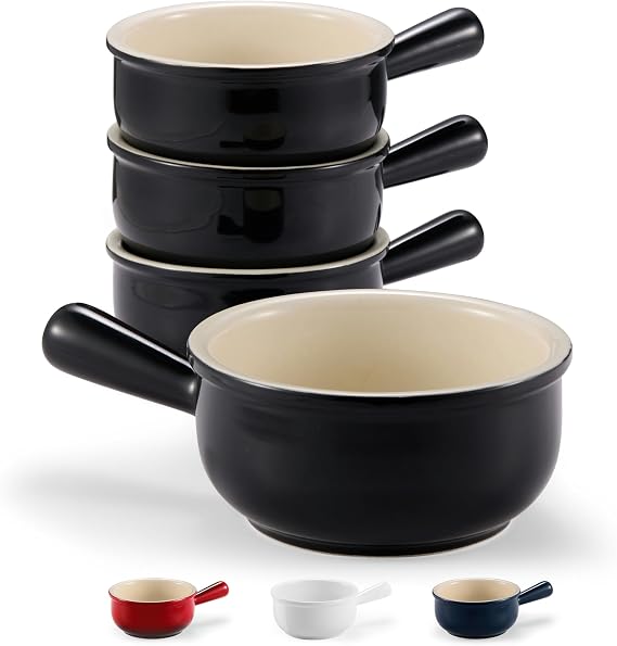 KooK French Onion Soup Bowls, French Onion Soup Crocks, Soup Bowl with Handles, 15 oz, Set of 4, Ceramic Bowls, Microwave, Dishwasher Safe & Oven safe, Stoneware,(Black)