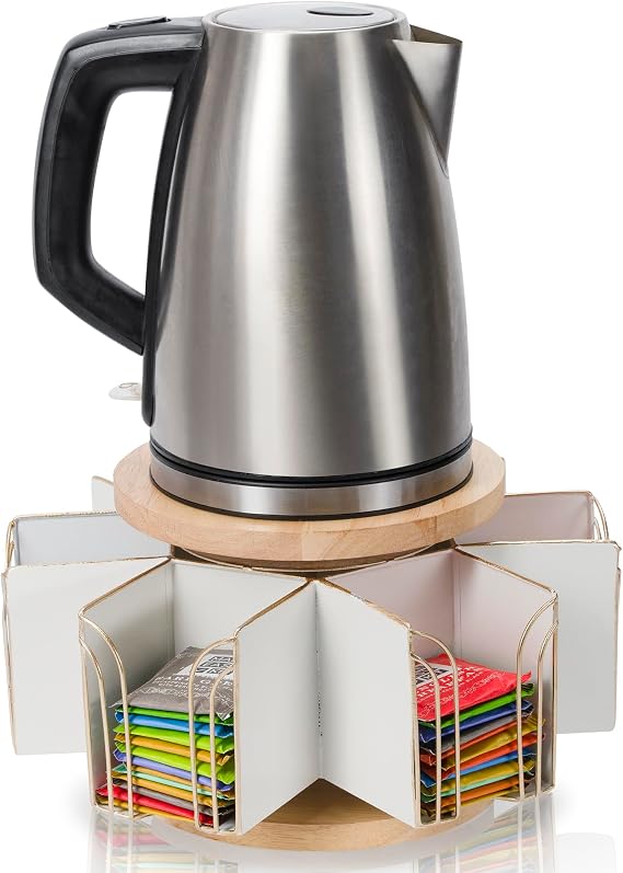 Made Easy Kit Metal Carousel Tea Bag Organizer & Kettle Stand Caddy- Modern Countertop Storage Solution for Tea Bags - Convenience for Home, Office, Kitchen (White)