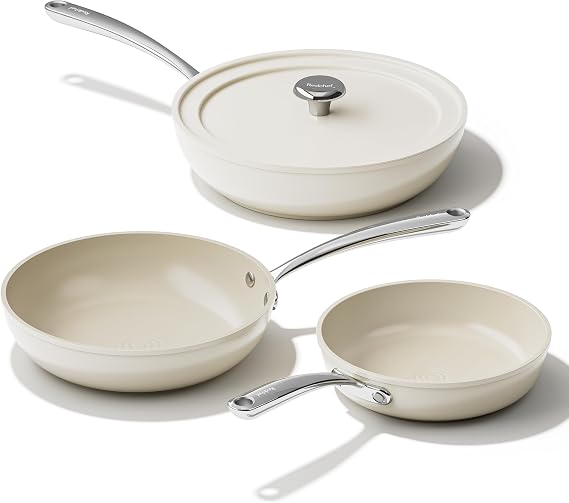 Redchef Induction Hob Pan Set, Ceramic Frying Pan 4pcs Saute Pan with Lid 20cm 24cm 28cm (8" 9.5" 11") Stir Fry, Non Stick Frying Pan PFAS & PTFE & PFOA Free, Oven Safe, Beige White