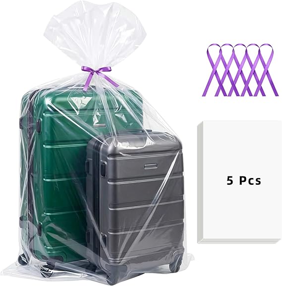 Yotelab Extra Large Clear Plastic Storage Bags for Luggage, 40x60 In, 5Pcs | with 5 Ribbons, Flat, Thick, Large Capacity, Plastic Bags for Luggage, Furniture, Troller, Kids Bike and Attic Storage