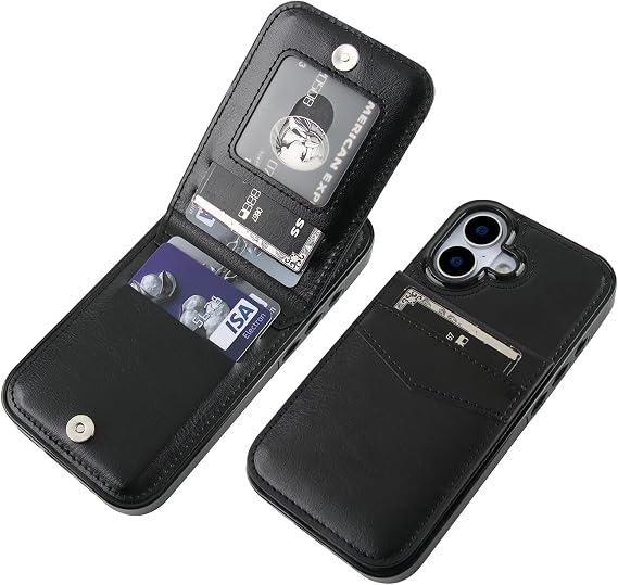 KIHUWEY for iPhone 17 Wallet Case Card Holder Kickstand, Black | Credit Card Slots, PU Leather, Magnetic Clasp, Flip Heavy Duty Protection Cover for Men and Women