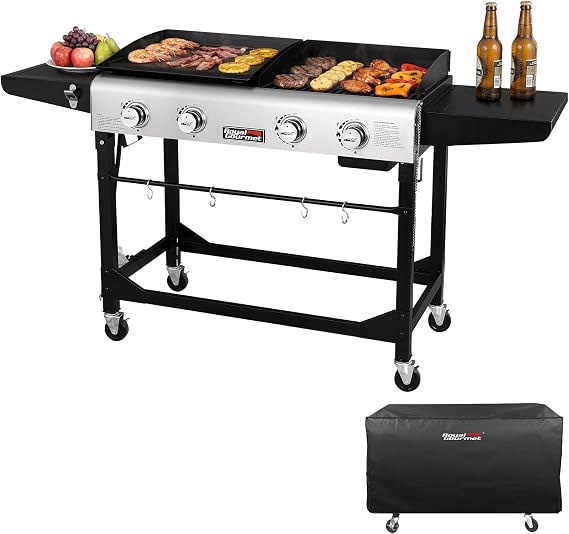 Royal Gourmet GD401C 4-Burner Gas Grill and Griddle Combo with Cover | Propane Griddle Grill Combo with 48,000 BTUs, Folding Legs, for Outdoor Cooking While Camping or Tailgating, Black & Silver